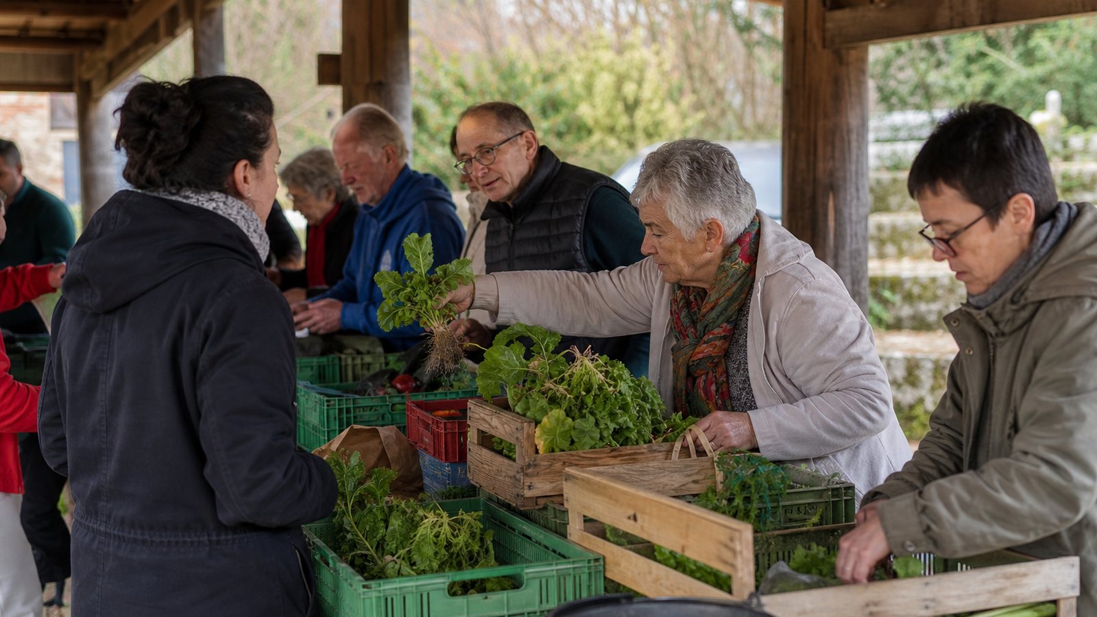 Bénévoles tenant la permanence d'accueil et de distribution des paniers d'une AMAP