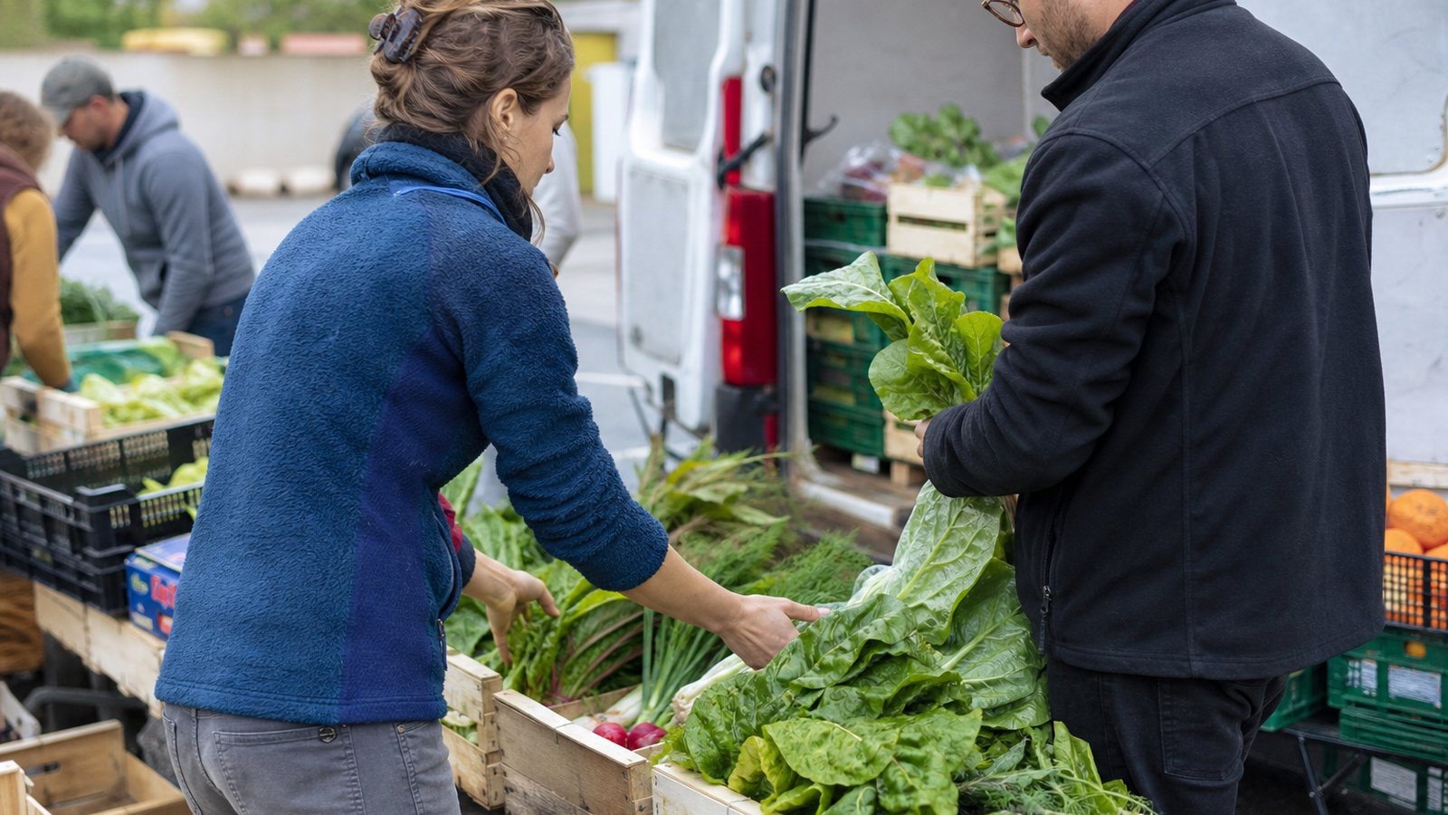 Adhérents récupérant leurs paniers de légumes lors d'une distribution d'AMAP